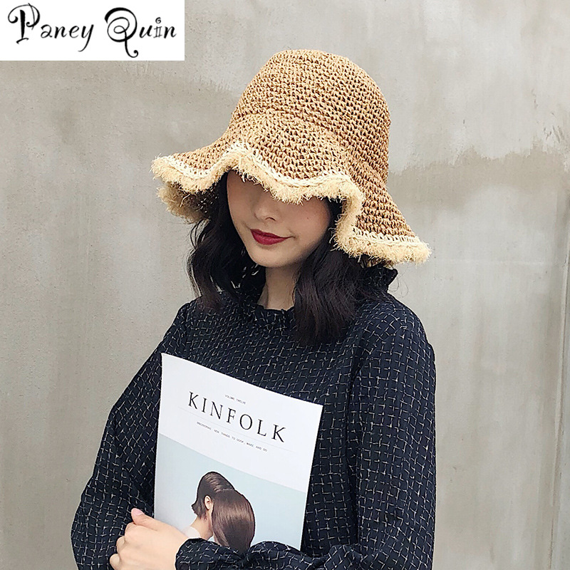 

Hat woman summer straw hat woman folding outdoor sunshade furry edge hollowed beach hats women fashion elegante cap, Khaki