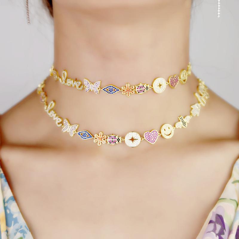 

bohemian 2020 summer beach Multi-pattern animal lips face choker necklaces gold filled rainbow CZ women jewelry holiday style