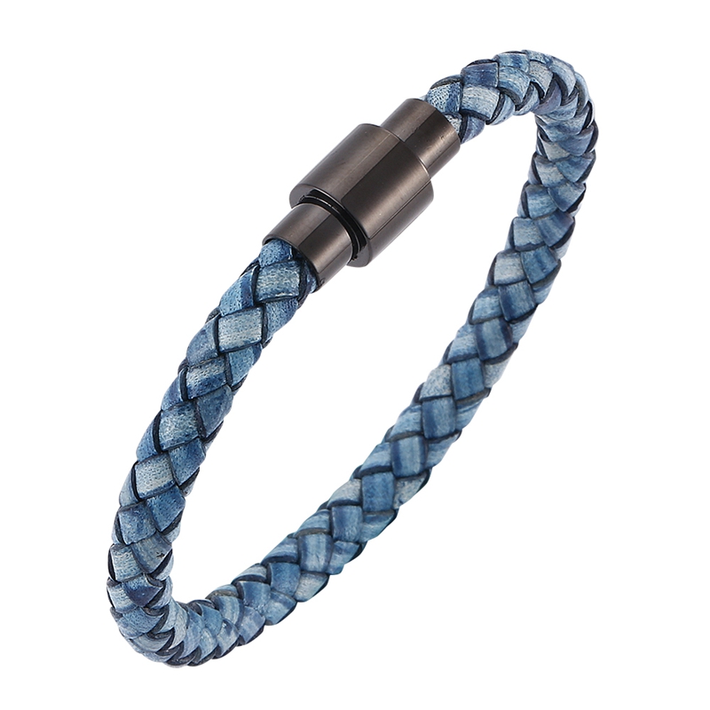 

Fashion Blue Braided Leather Bracelets Bangles Stainless Steel Magnet Buckle Vintage Men Jewelry Leather Wristband C0255L