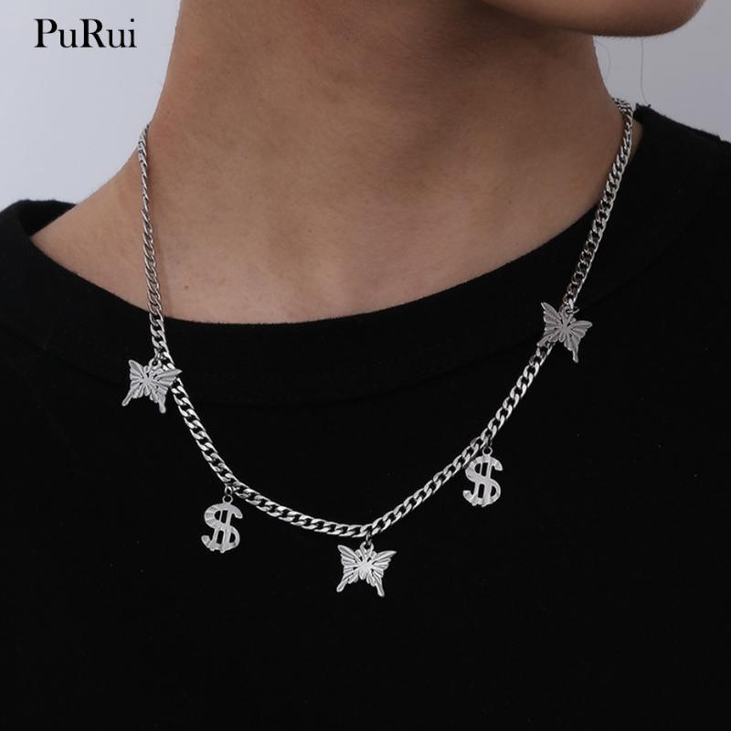 

Purui Punk Butterfly Pendant Necklace Vintage Silver Color Stainless Steel Choker Necklace For Women Statement Jewelry Collares