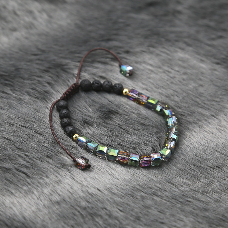 

Charm Bracelets 6mm Natural Volcanic Stone Hand Woven Bracelet Adjustable Color Square Crystal Lucky Male And Female Couple