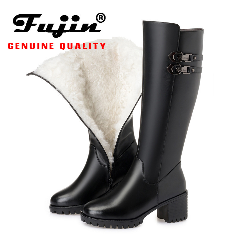 

Fujin Wool Warm Women Snow Boots Genuine Leather High Boots Plush Fur Warm Shoes Fashion Zipper Platform for Women Winter, Blackplush