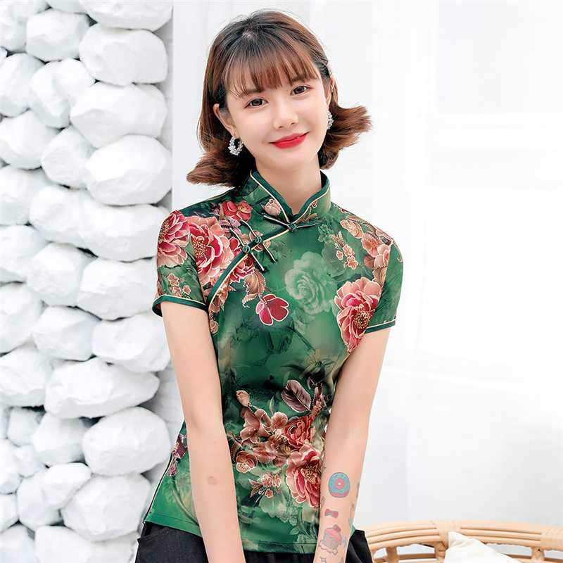 

Plus Size Traditional Chinese Print Flower Women Tang Coat Tops Sexy Slim Shirt Soft Green Satin Blouse Vintage Classic Clothing