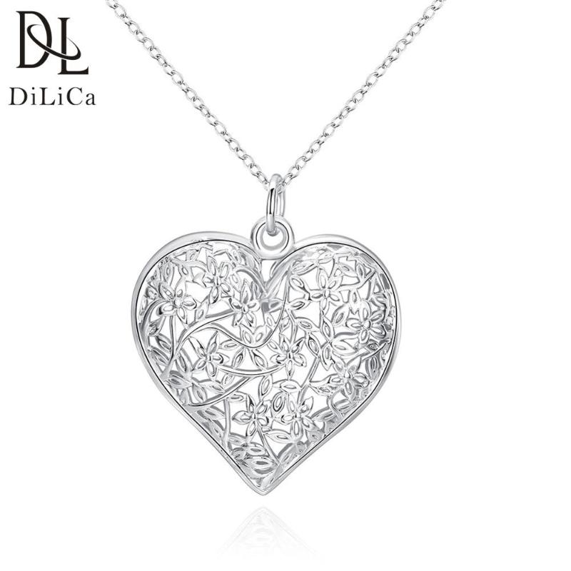 

DiLiCa Simple Flower Heart Pendant Necklace for Women Silver Plated Necklaces Ladies Charms Jewelry Chain Necklace