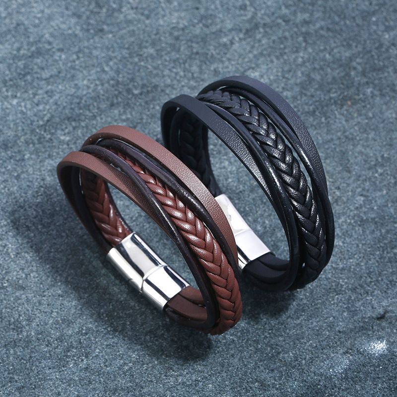 

Vintage Genuine Leather Bracelets Men Stainless Steel Multilayer Braided Rope Bracelets for Male Female Jewelry