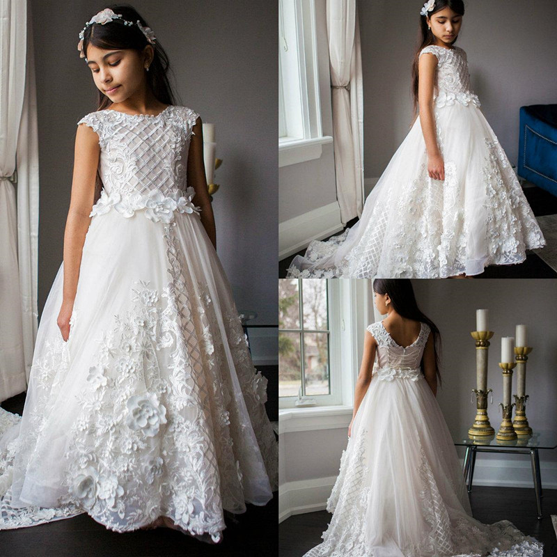 

New Popular Holy First Communion Gowns For 2-14 Years Princess with 3D Floral Appliques Customized Flower Girl Dress For Wedding, Ivory
