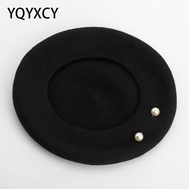 

100% Wool Beret Women Winter Hat Boina Feminina Black Soft Warm Beret Cap Flat Simulated Pearl Beads Painter Hat Female New