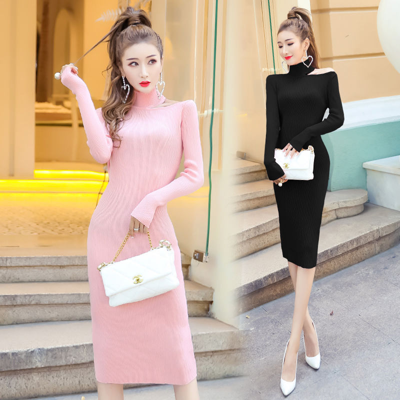

2020 New Autumn Winter Women Fashion Long Sleeve Dress Female Solid Empire Elegant Causal Slim Streetwear O-Neck Dresses W401, Pink