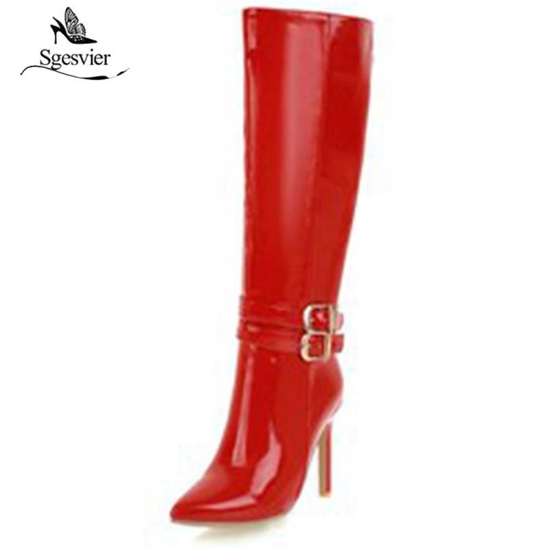 

Sgesvier Women Knee High Stiletto Boots Sexy Knight Boots Women Red Black Patent Leather Pointed Toe Zapatos Mujer OX927
