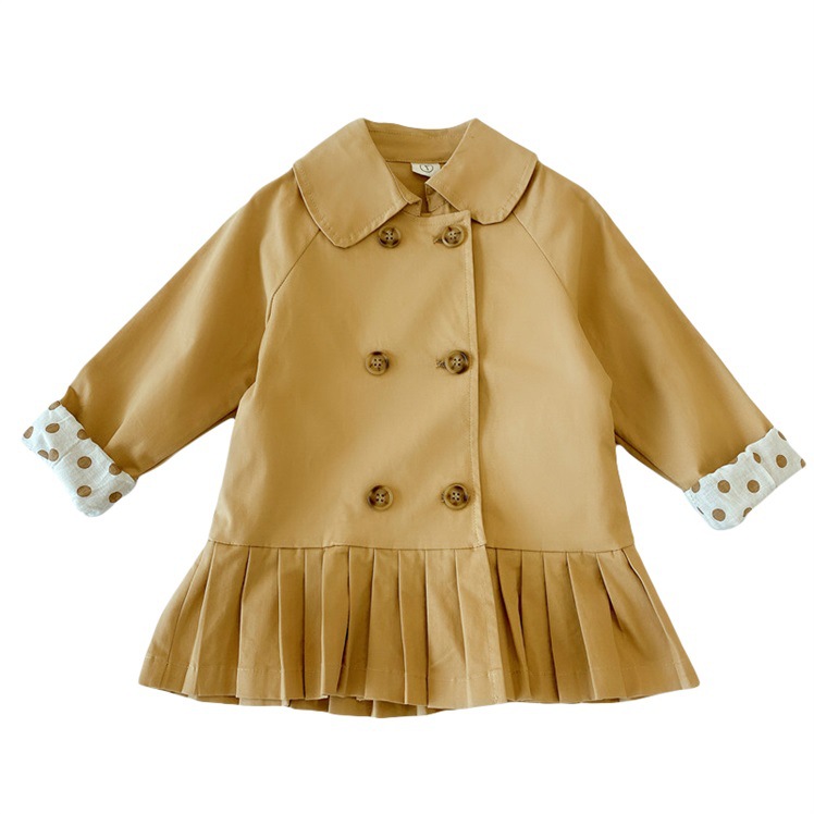 

2020 Autumn New Korean Children Pleated Skirt Coat Fashion Girl's Western Style Long Trench Coat Kids Double Breasted Jacket, Pink