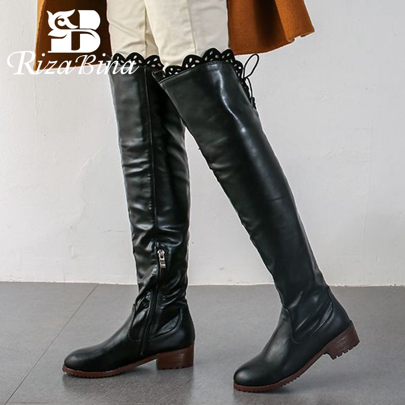 

RIZABINA Size 34-48 New Arrival Cross Strap Over The Knee Boots Round Toe Flats Outdoor Office Shoes Woman Winter Warm Boots, Brown with fur