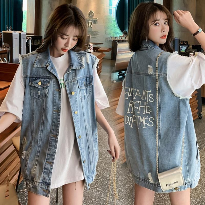 

SexeMara fashion The New Loose printing Hole Thin Wash Cowboy vest free shipping, Blue