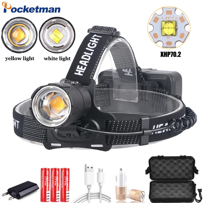 

Pocketman Headlamp Powerful XHP70.2 LED Headlight Zoom Head Light Waterproof Head Lamp of Yellow White Lighting 18650 battery