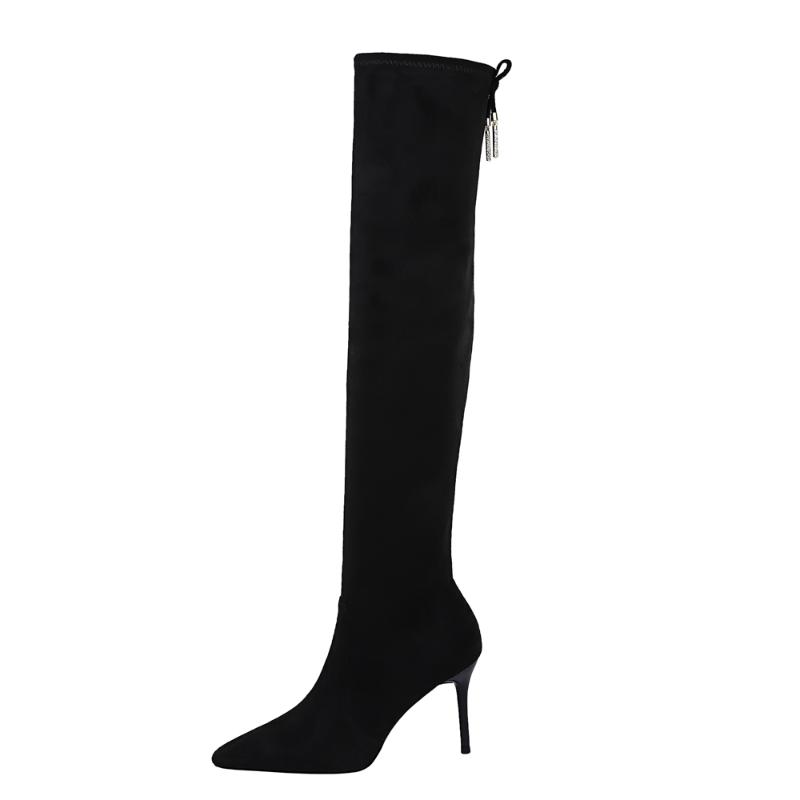 

Thigh High Boots Women Knitwear Sock Shoes Laidies 10cm High Block Heels Pointed Toe Black Boots Elegent Party Office Footwear