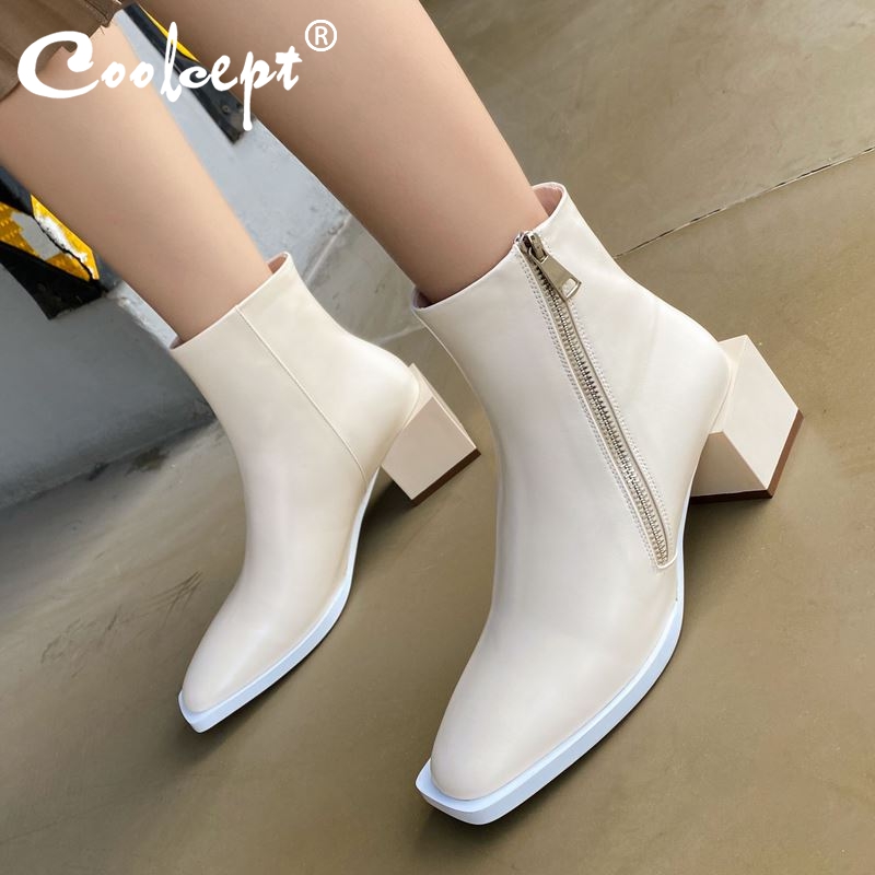 

Coolcept Real Leather Women Ankle Boots Side Zipper Thick Heel Shoes Square Toe Warm Boots Party Women Footwear Size 34-39, Black