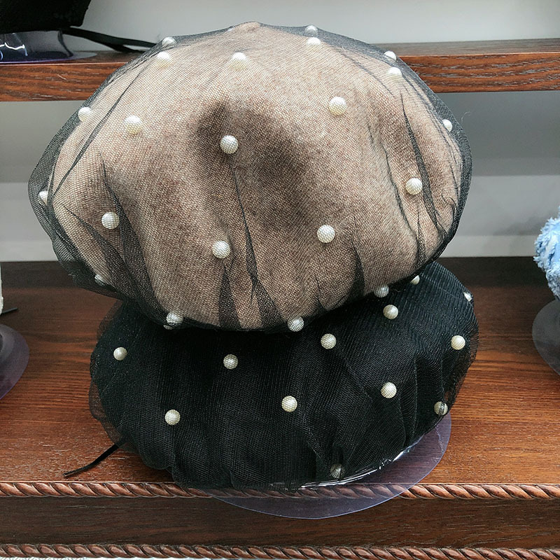 

202009-YY autumn PEARl grace mesh wool lady beret hat women Leisure painter hat, Black