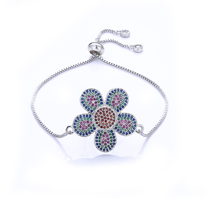 

fashion women's rainbow flower jewelry gold cz colorful zircon bracelet bangle adjustable chain bracelet for women
