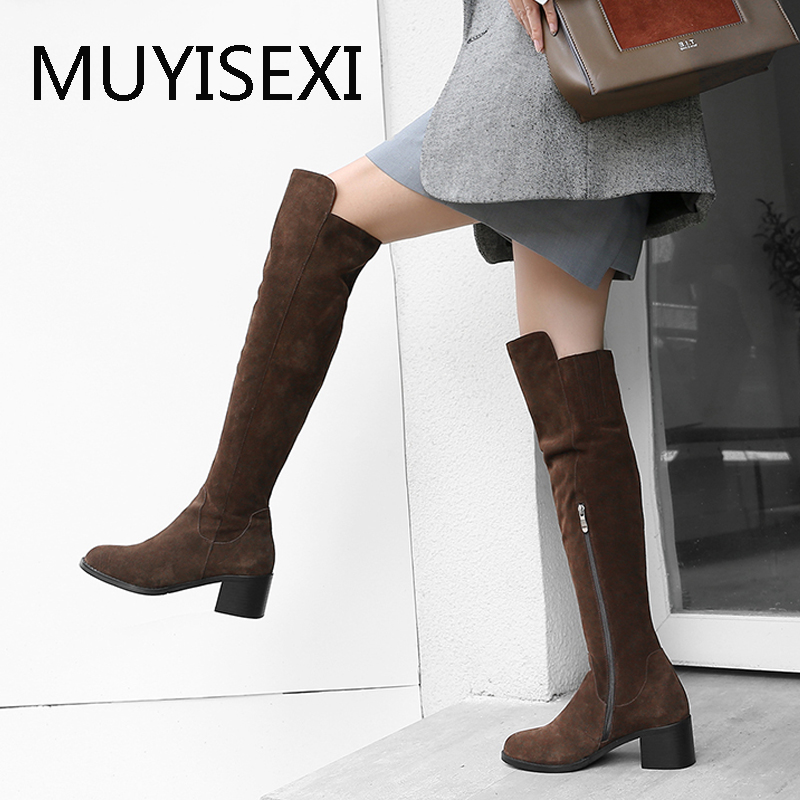 

Brown 5cm Square Heel Women Winter Boots Thigh High Boots Black High Over the Knee Full Real Suede Leather Warm LDI09 MUYISEXI, Black short plush