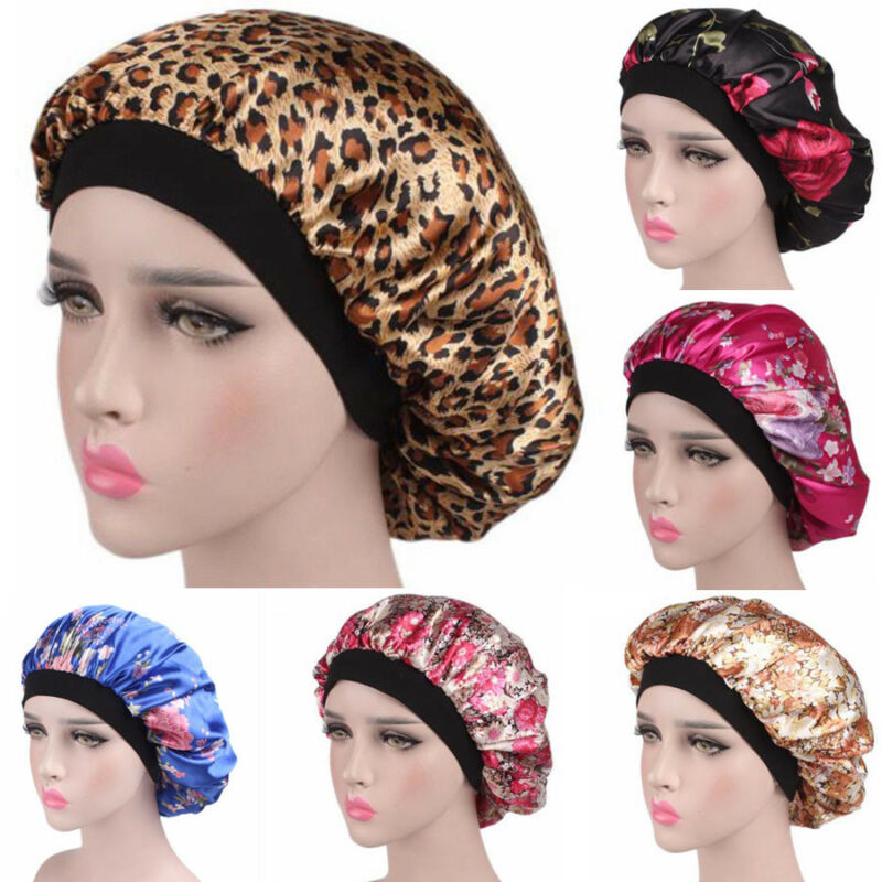 

New Fashion Women Satin Night Sleep Cap Hair Bonnet Hat Shower Caps Silk Head Cover Wide Elastic Band