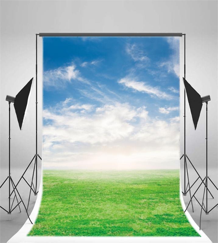 

Laeacco Blue Sky Cloudy Green Grassland Natural Scenic Photography Backgrounds Photographic Backdrops Photocall For Photo Studio