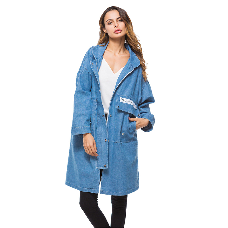 

Spring Autumn Women Trench Plus Size Casual Loose Retro Washed Single-Breasted White Art Pocket Denim Trench Coat Female K785, Light blue trench