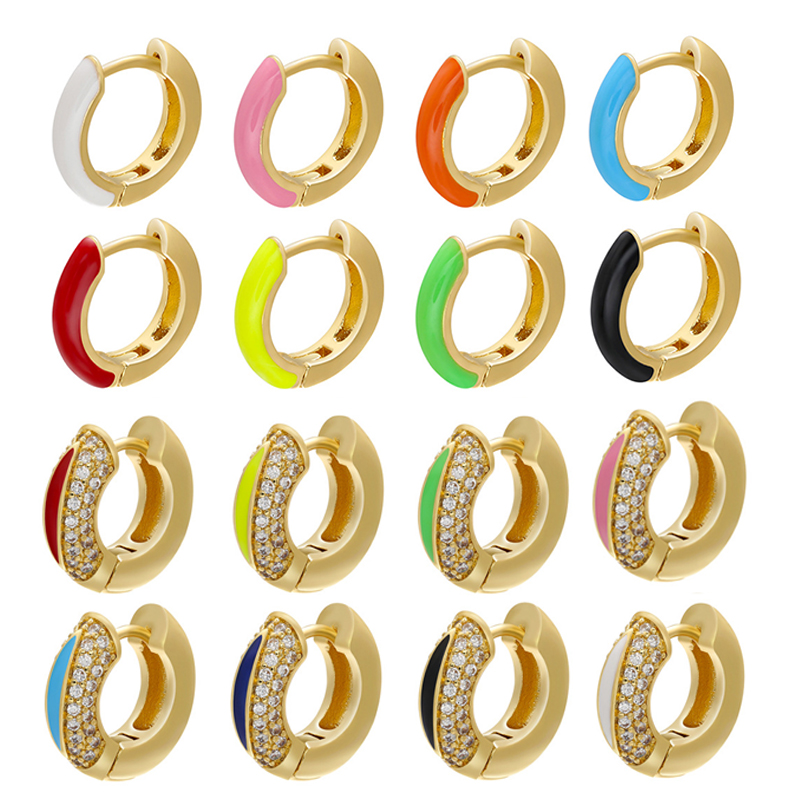 

1 Piece Hoop Earrings Neon Green Yellow Bright Fluorescent Jewelry Enamel Circle Round Shape CZ Gold Color Earring 2020 New