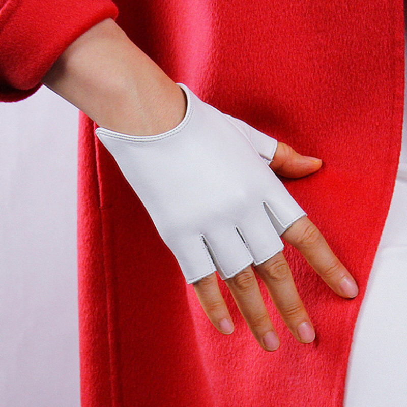 

Genuine Leather Pure Goatskin Black Semi-Fingers Gloves Female Ultra Short Half Finger Motorcycle Locomotive Gloves TB12