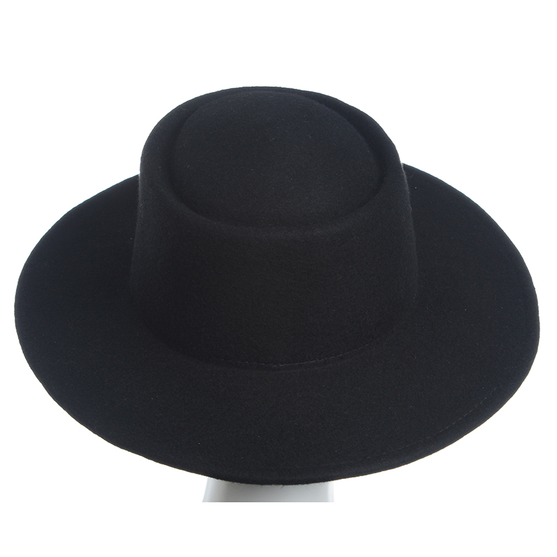 

Autumn winter version lady pure color minimalist hats Unisex wool leisure Wide brim hat large top flat top woolen women felt hat, Black
