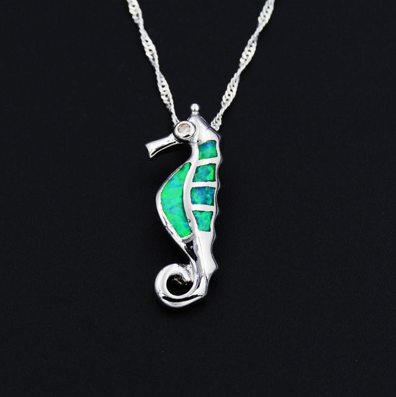 

Lovely Kiwi Green Fire Opal Sea Horse Pendant Necklace Gift
