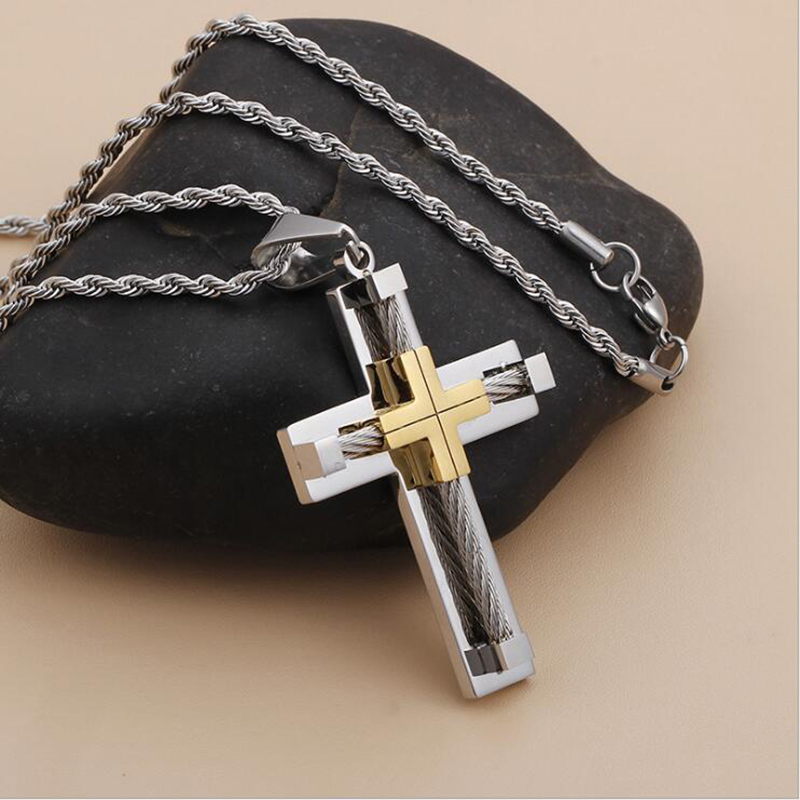 

High Quality Stainless Steel Cross Necklace Men Women Punk Gold/Black/Silver Color 60cm Twist Rope Chain Cross Necklace pendant