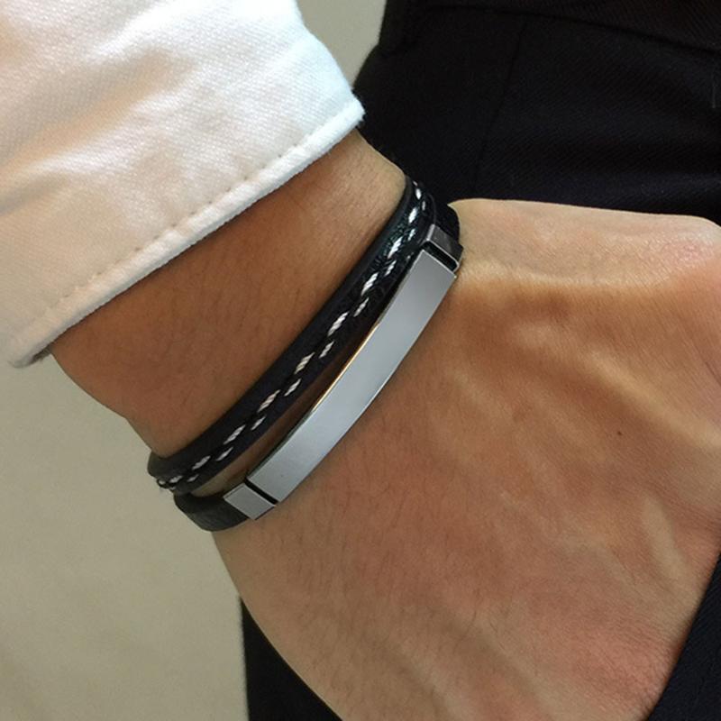 

Punk Men Jewelry Black PU Leather Braided Bracelet Stainless Steel Clasp Fashion bracelets 19.5cm Length