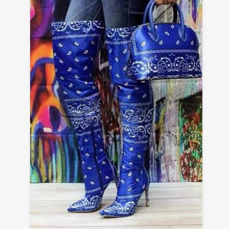 

New Autumn Winter 2020 Boots Women Super High Heel Print Over The Knee Boots Stiletto Fashion Totem Print Botas De Mujer, The same black bag