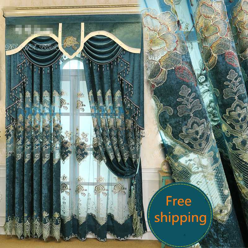 

Custom curtains European luxury upscale noble chenille hollow embroidery French window cloth blackout curtain tulle valance N244, Tulle sheer