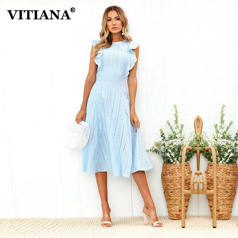 

VITIANA Women Office Casual Maxi Long Midi A-Line Dress Female 2018 Summer White Blue Solid Lace Sleeveless Elegant Party Dress