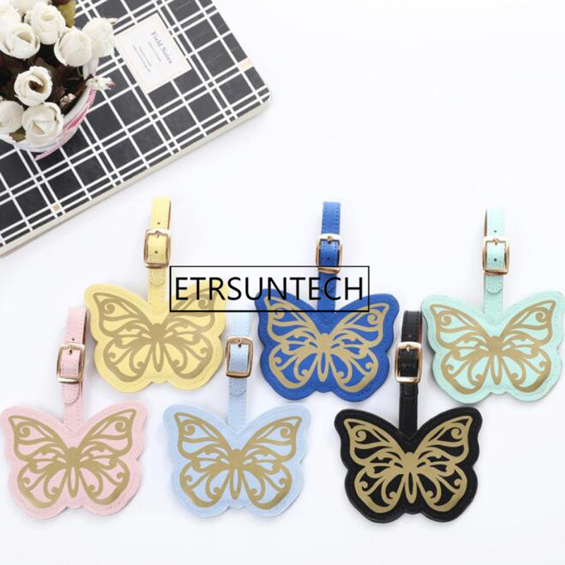 

100pcs 6 Colors Gold Stamp Butterfly Luggage Tag PU Suitcase ID Addres Holder Baggage Boarding Tag