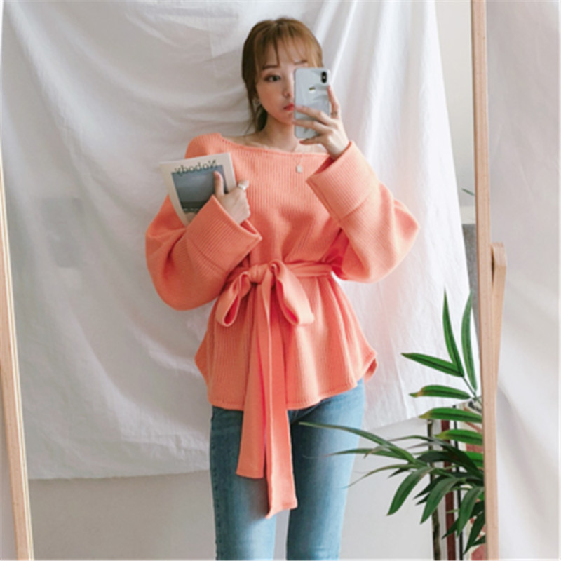 

Sweater Casual Women 2020 Korean Style Sweet Orange O-neck Solid Color Knitted Sweaters Long Sleeve Bandage Pullovers Tops
