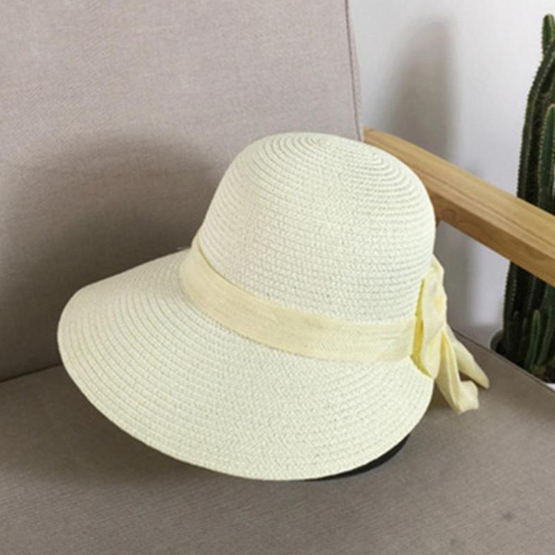 

MISSKY Summer Women Sun Hats Solid Color Straw Bowknot Hat Hand-Woven Foldable Wide Brim Beach Sun Hat Femlae Accessory, Pink
