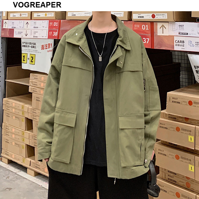 

New Fashion Harajuku Autumn Jackets Men Streetwear Outerwear Mulit Pockets Cotton Oversize Zipper Black Army green Cargo Coats