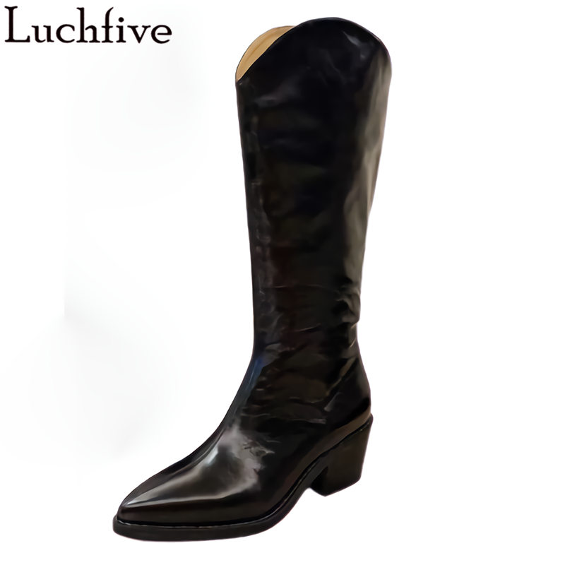 

Fashion Pointy Toe Leather Women's Boots Square Heels Shoes Woman Runway 2020 Ladies Boots Black White Sapatos Feminina