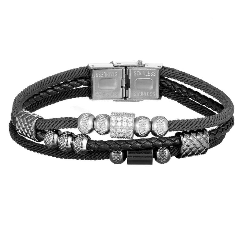 

High Quality Fashion Vintage Leather Bracelet Men CZ Ball Multi-layer Warp Knit Bracelet Pulseira Masculina