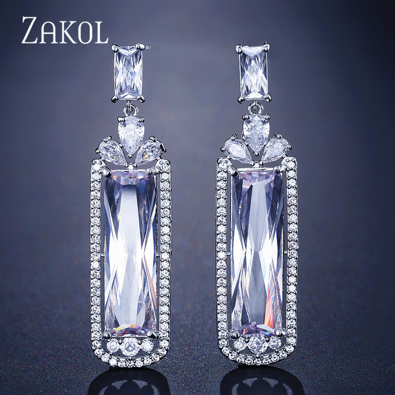 

ZAKOL Transparent Big Baguette Cubic Zirconia Long Drop Earrings for Women Wedding Dinner Party Jewelry FSEP2326
