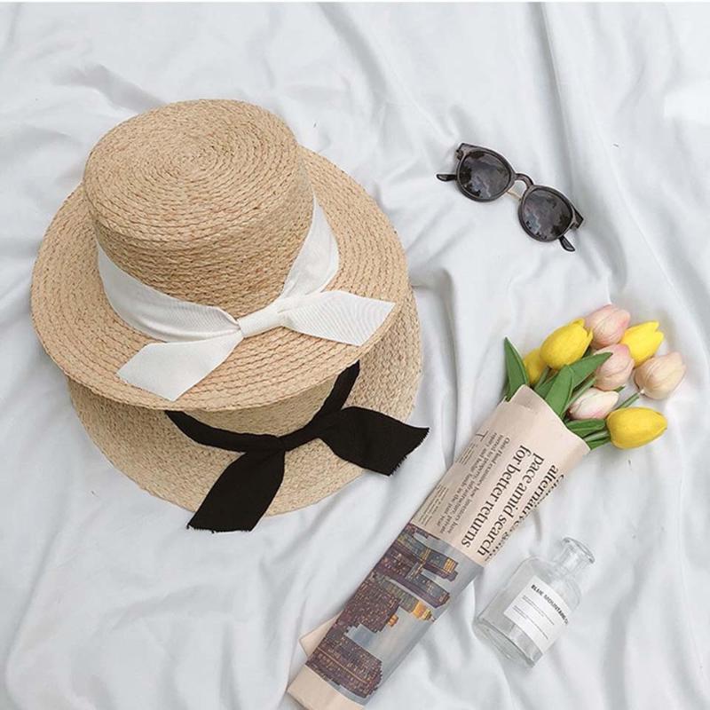 

Simple Women Summer Beach Raffia Black White Ribbon Hat Bow Raffia Sun hat Temperament Flat Straw Hats Women's Sea Beach, F0094-1
