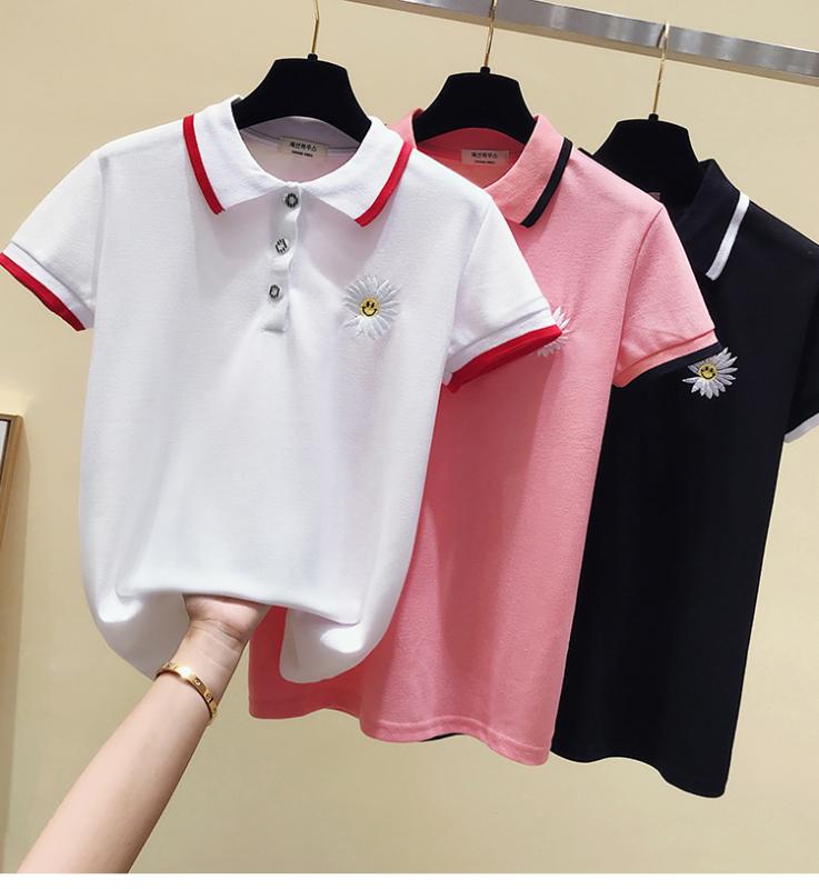 

New summer shirts with lapels, cotton, short-sleeved Shirts and embroidered tops for female students are fashionable, White