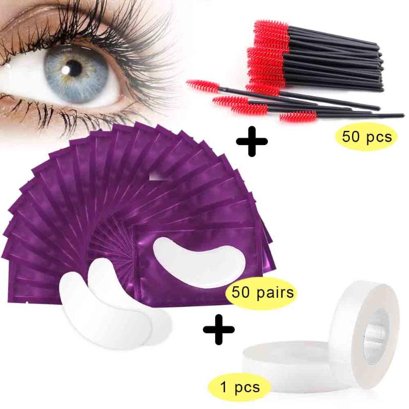 

Professional 1 Rolls Eyelash Extension Tape 50Pairs Under Eye Paper Patches 50Pcs Eyelashes Brushes Makeup Fake Eyelashes Tools