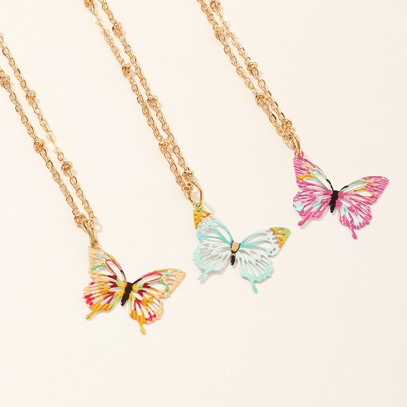 

3Pcs/set Women Lady Elegant Openwork Butterfly Pendant Long Chain Necklace Sweater Accessories Colorful Necklace Jewelry Wedding