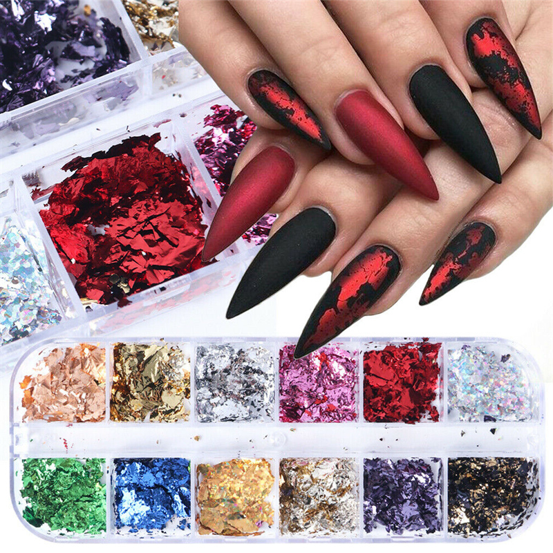 

12 Grid Nail Glitter Powder Sequins Kit Aluminum Gold Flakes Pigment Nail Art Stickers Decorations Mirror Glitter Nail Foil Paper