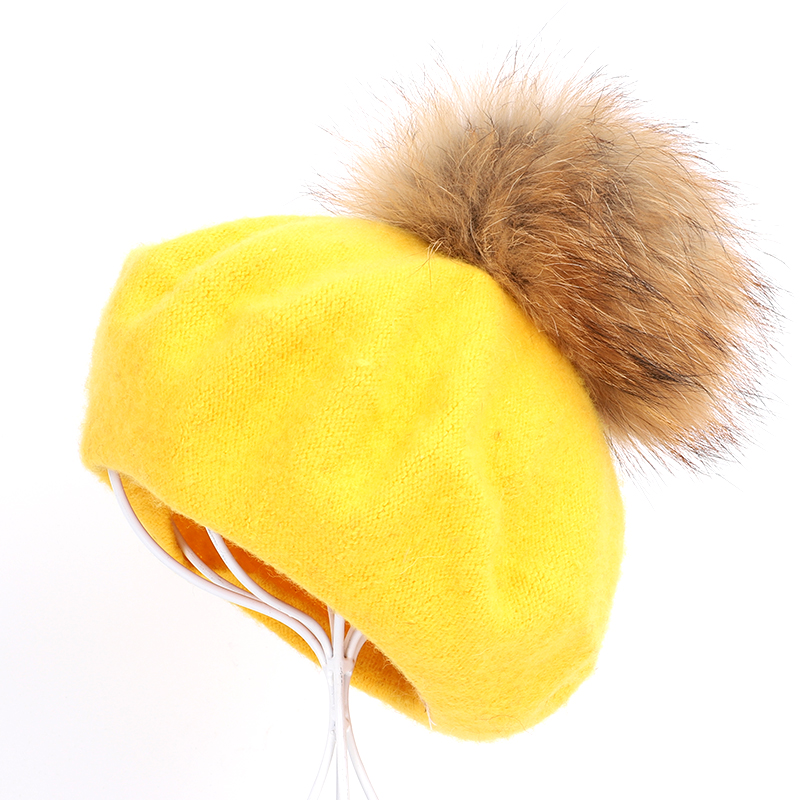 

Autumn and winter new ladies beret solid fashion raccoon fur pom-pom painter hats warm beret beanie newsboy caps for female bone, Khaki
