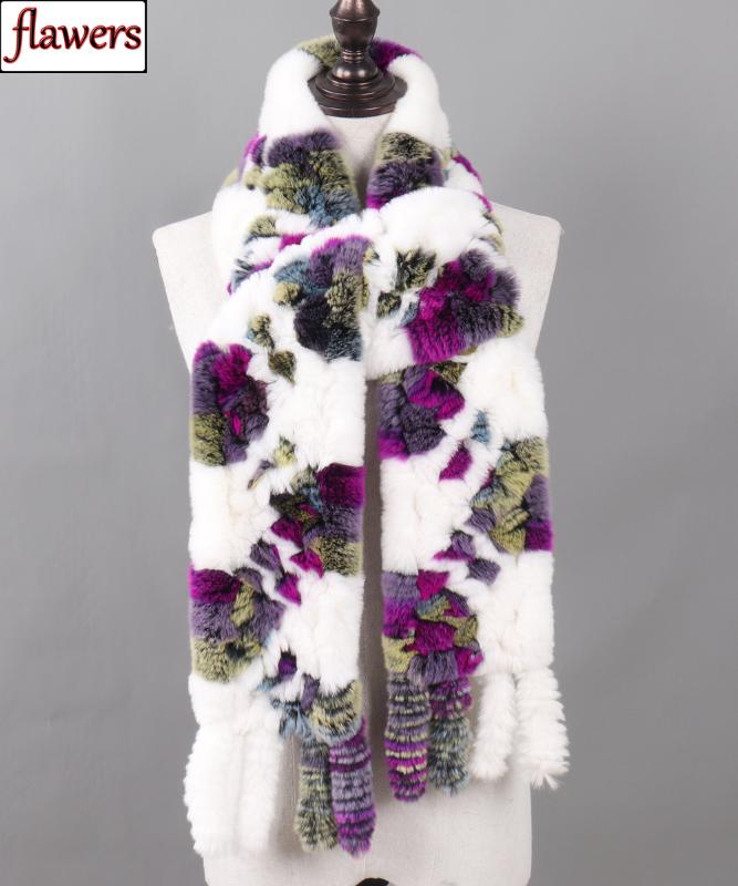 

Scarves Women Real Rex Fur Long Lady Winter Warm 100% Natural Knitted Tassel Plaid Shawls