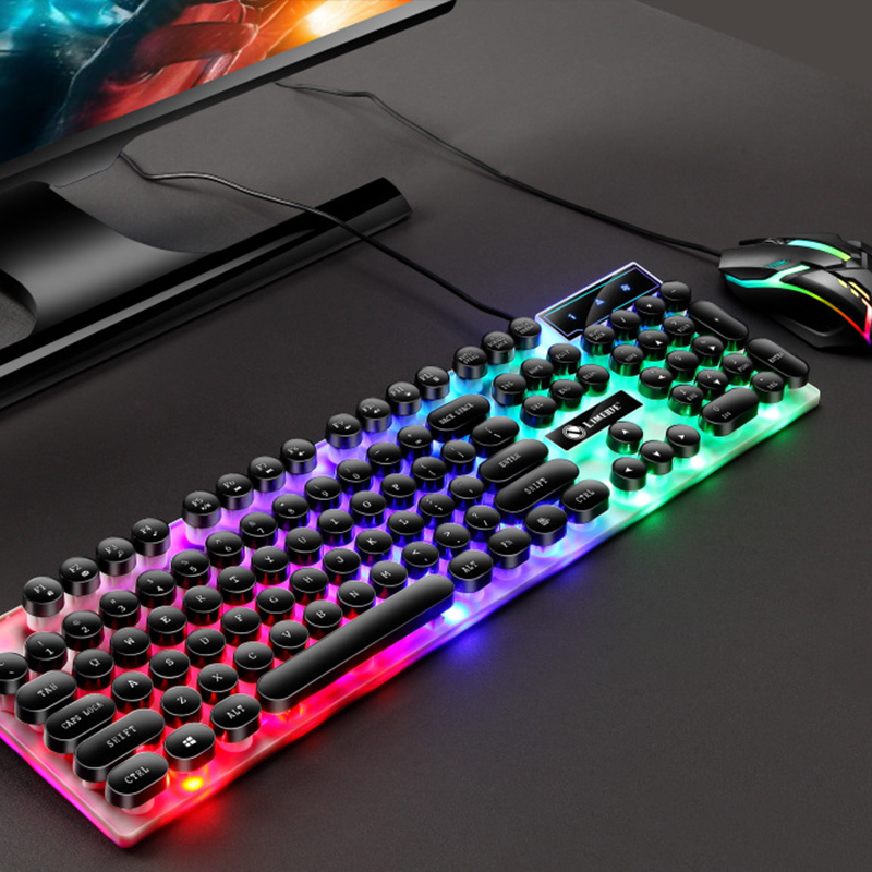 

Retro punk round mechanical keyboard wired gaming mouse and keyboard backlit 104 for gamer laptop home office