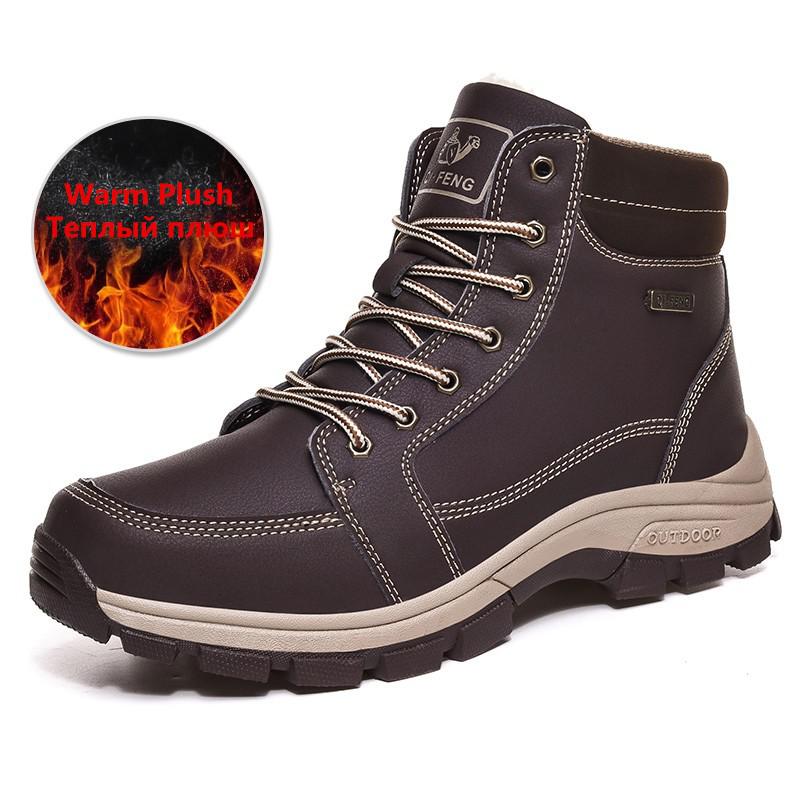 

Non-slip 2020 Trend Winter Leather Men Boots Plush Warm Men Snow Boots Outdoor Hiking Shoes Sneakers Size 39-48, Brown plush